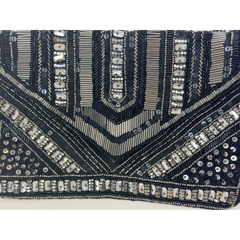 Beaded Art Deco Evening Clutch Bag Black Silver Sequin Crossbody Chain Strap